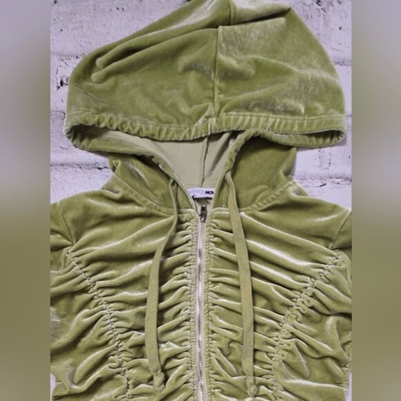 Fashion Nova Olive Green Cropped Ruched Velvet Zip-Up Hoodie - Picture 6 of 9